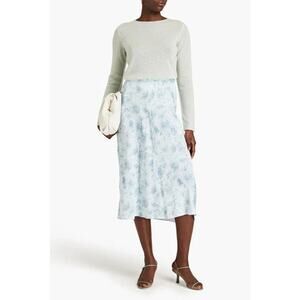 Vince Satin Blue & Cream Floral Printed Midi Skirt 2 NEW